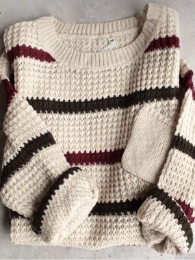 Cream Stripe Knit Sweater with Burgundy & Dark Brown Accents